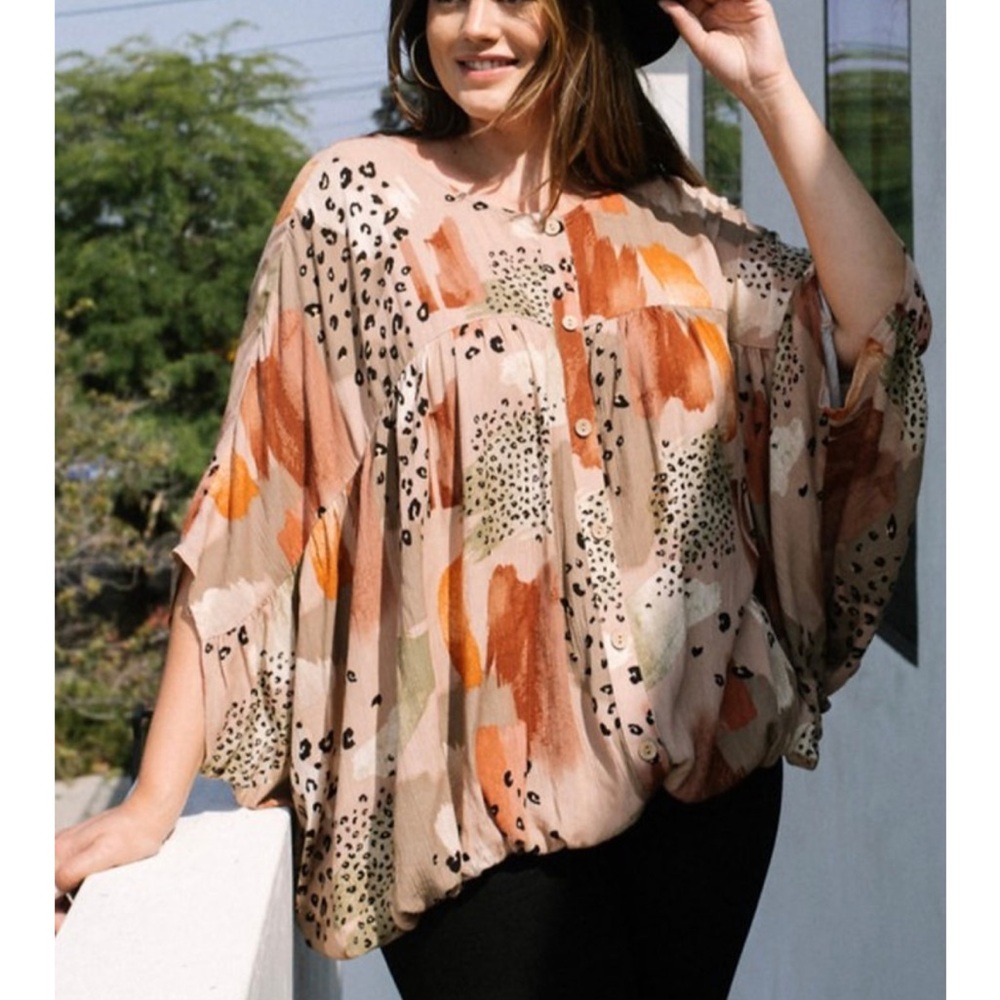 ODD MOLLY Boho Abstract Print Button Front Blouse Top Women's Size S